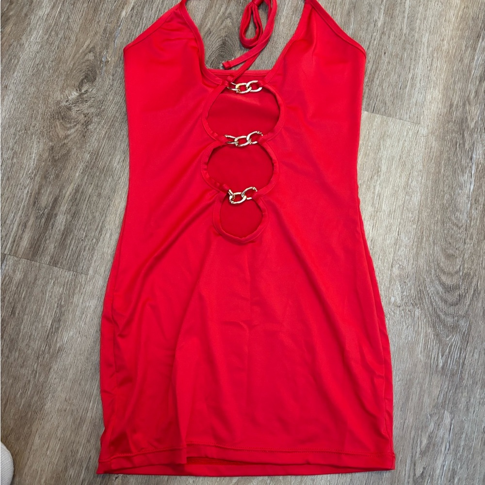 Red chain detail mini dress